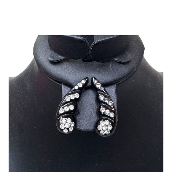 Vintage Black Clip-On Earrings Lucite Angel Wings Screw Back Rhinestone Accents - Picture 2 of 7